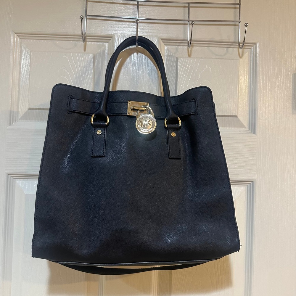 Michael Kors Hamilton Large North South Tote Black Saffiano Leather Gold Padlock